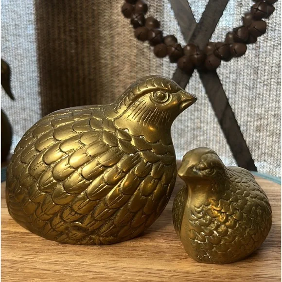 Pair of Vintage Genuine Brass Quails/Mother-Baby Brass Birds~ Mid Century Birds - Picture 2 of 13